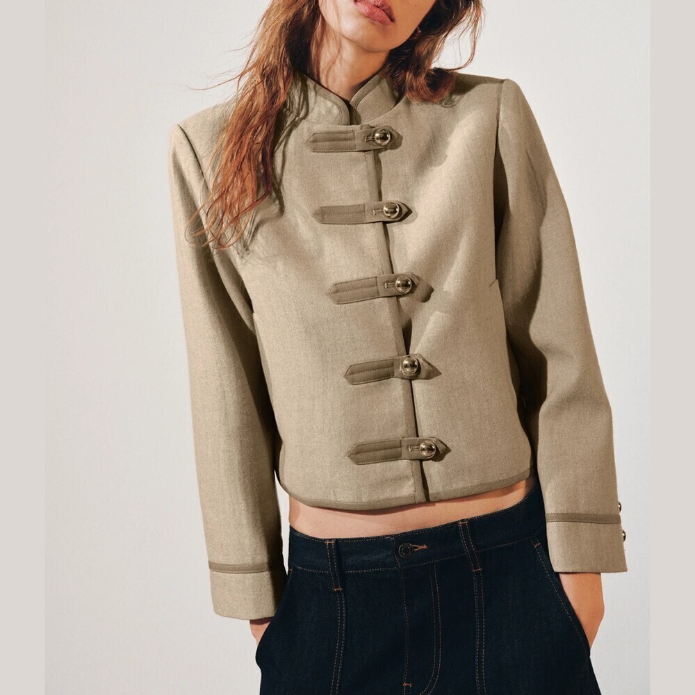 Tan Stand Collar Toggle Cropped Contrast Trim Military Suit Jacket